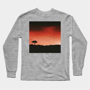 Flock of Birds and Tree Silhouette Against a Sunset, Landscape Digital Illustration Long Sleeve T-Shirt